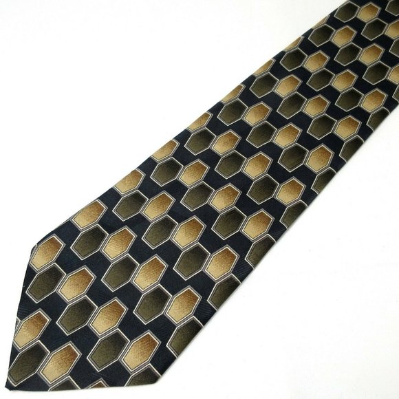 Honeycomb Hexagons Silk Tie Towne Square Navy Blue w/ Green & Brown 57.5"x3.75" - Picture 1 of 4